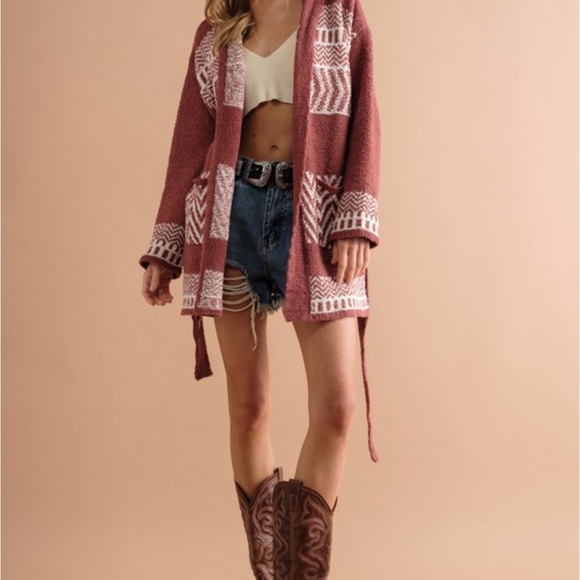 82. CLEARANCE Last 1! Soft pocket Burnt Red/light burgundy Aztec belted cardigan - Picture 8 of 12